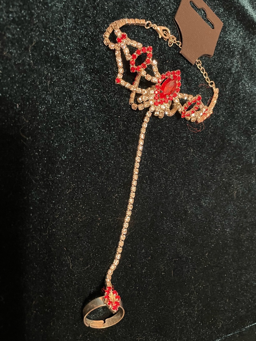 Silver-Tone Red Crystal Hand Chain Bracelet with Ring
